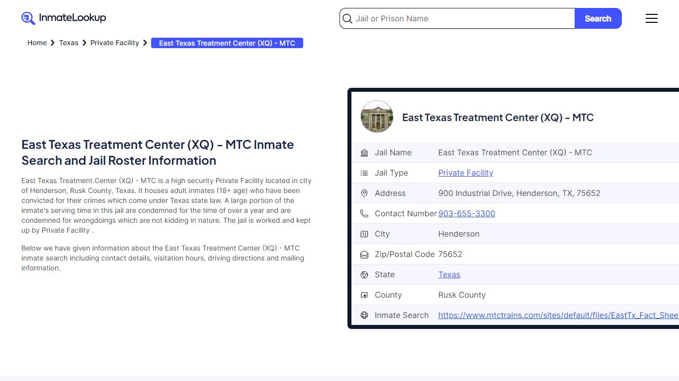 East Texas Treatment Center (XQ) - MTC Inmate Search - Henderson Texas ...